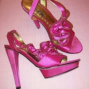 Pink Satin Open-Toe Heels 7